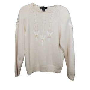 Work in Progress Vintage Women's Sweater Ivory Silk Angora Wool Pearls Roses MED